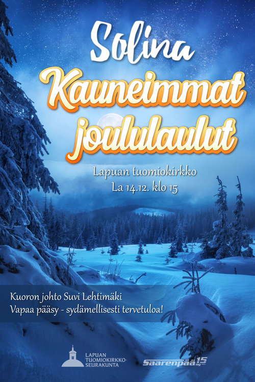 Kauneimmat joululaulut -yhteislaulutilaisuus, mukana Solina-kuoro! Kauneimmat joululaulut -yhteislaulutilaisuus, mukana Solina-kuoro!
